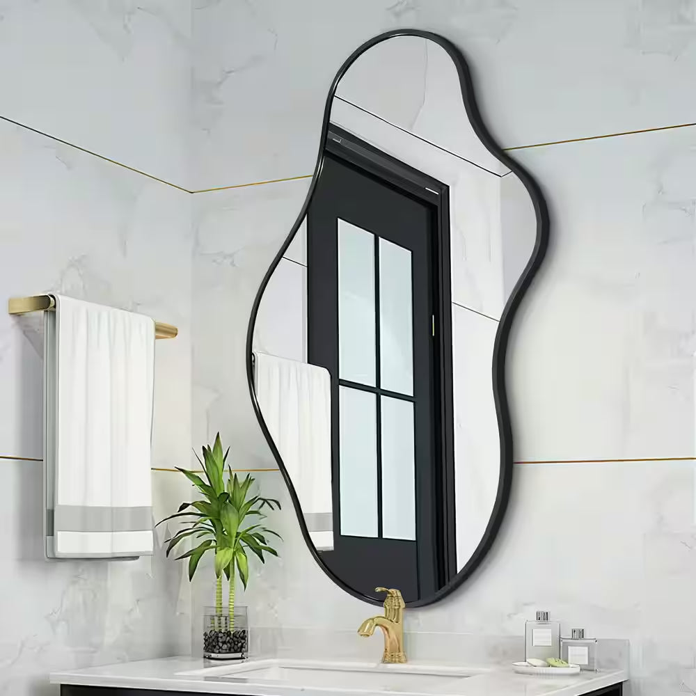 20 In. W X 36 In. H Irregular Black Aluminum Alloy Framed Asymmetrical Wall Mirror
