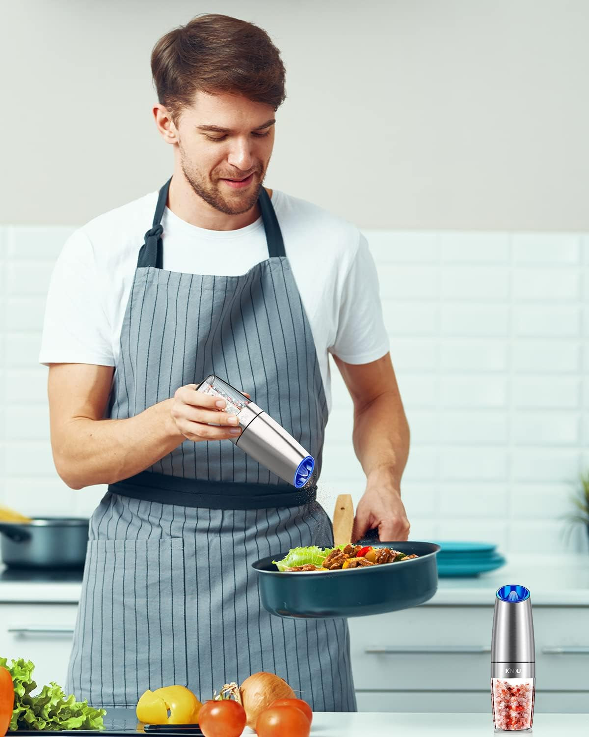 Gravity Electric Salt and Pepper Grinder Set, Automatic Mill Grinder,Battery-Operated with Adjustable Coarseness, Premium Stainless Steel with LED Light, One Hand Operated