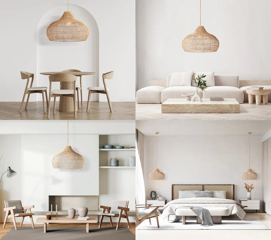 Anjanie 1 - Light Natural Lampshade Pendant – Handwoven Rattan Plug-In or Hardwired Light Fixture for Dining Room, Kitchen, or Bedroom in Japandi Boho Style