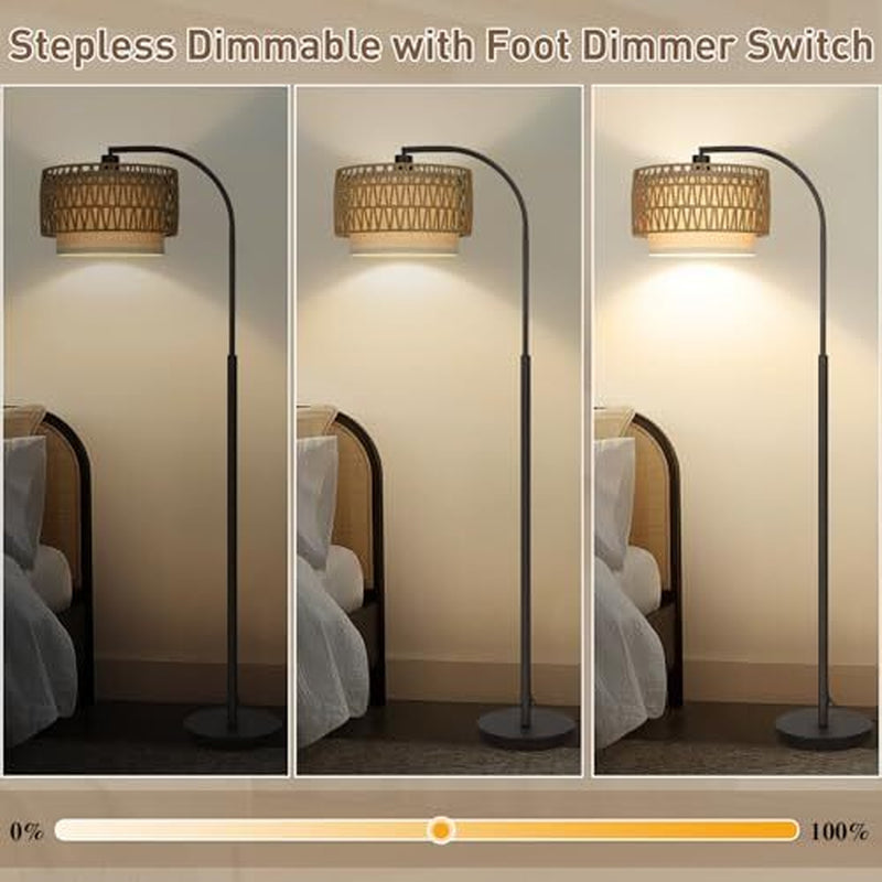 Arc Floor Lamp Black, Boho Floor Lamps for Living Room, Black with Rattan Shade