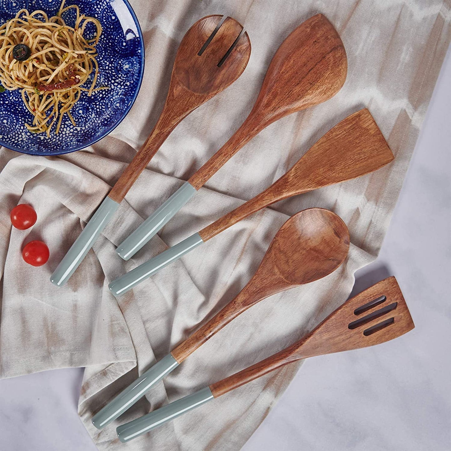 Wooden Spoons for Cooking, Set of 5 Wooden Utensils for Cooking, Nonstick Wooden Cooking Utensils, Kitchen Utensil Sets with Wooden Spoon Sets and Wooden Spatula - Gray/Grey