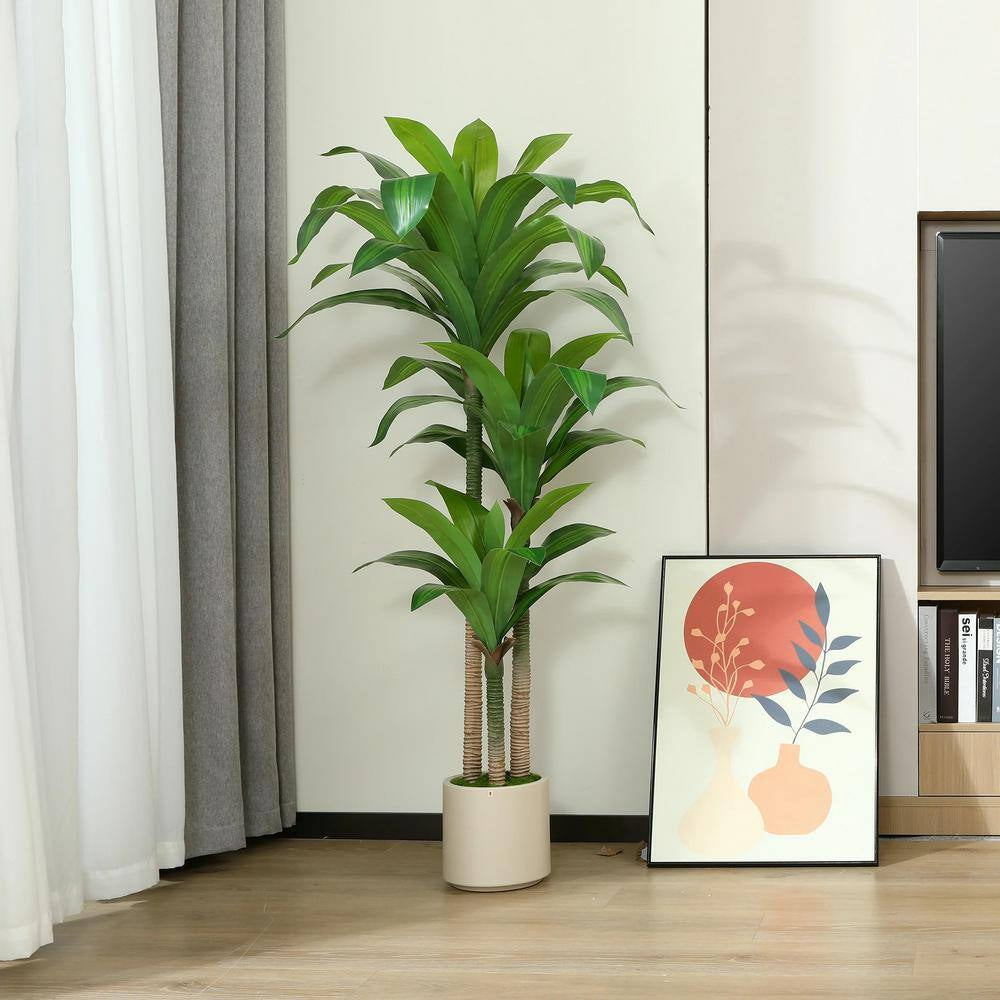 5 Ft. Artificial Dracaena Tree with Large White Planter, Faux Tropical Potted Silk Plant