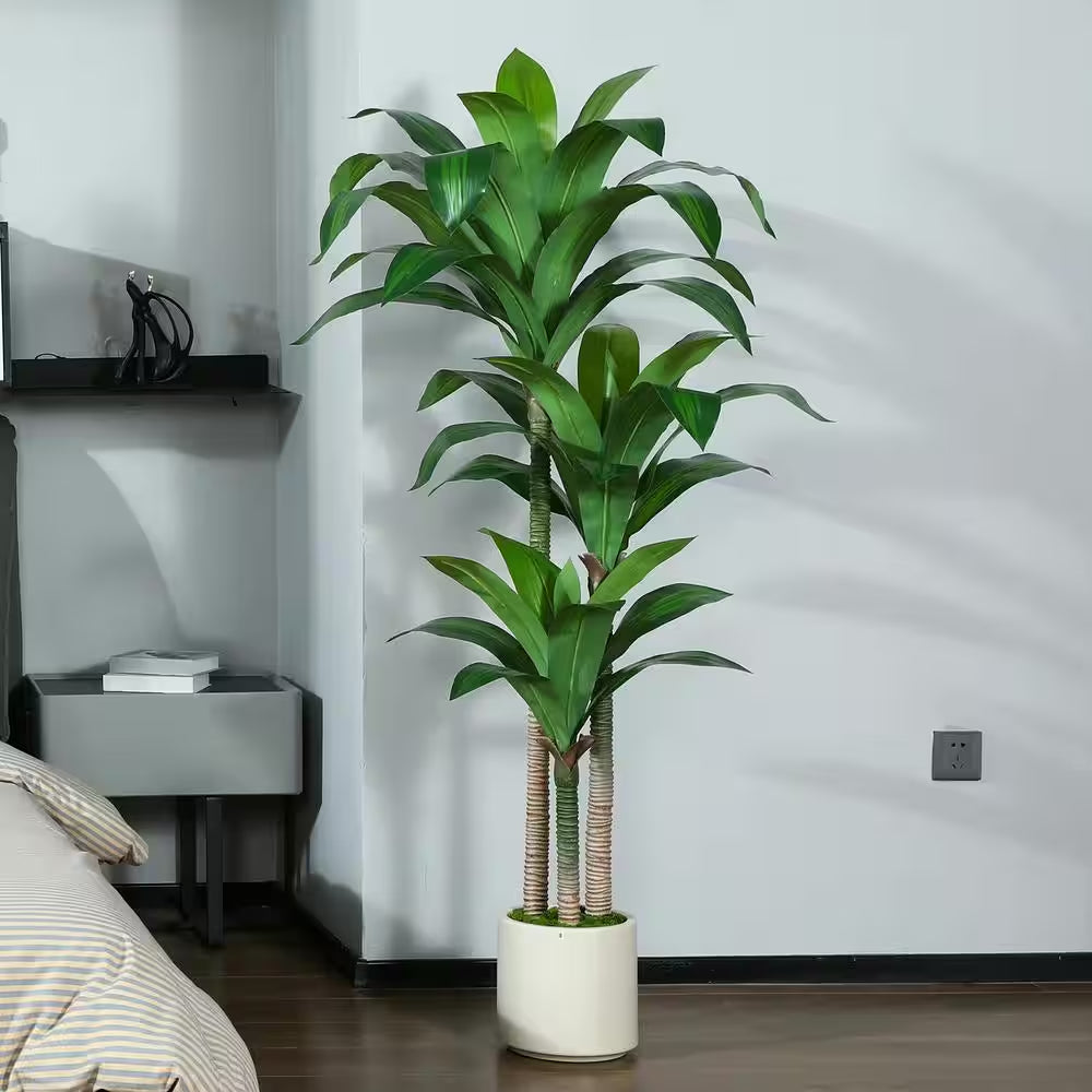5 Ft. Artificial Dracaena Tree with Large White Planter, Faux Tropical Potted Silk Plant