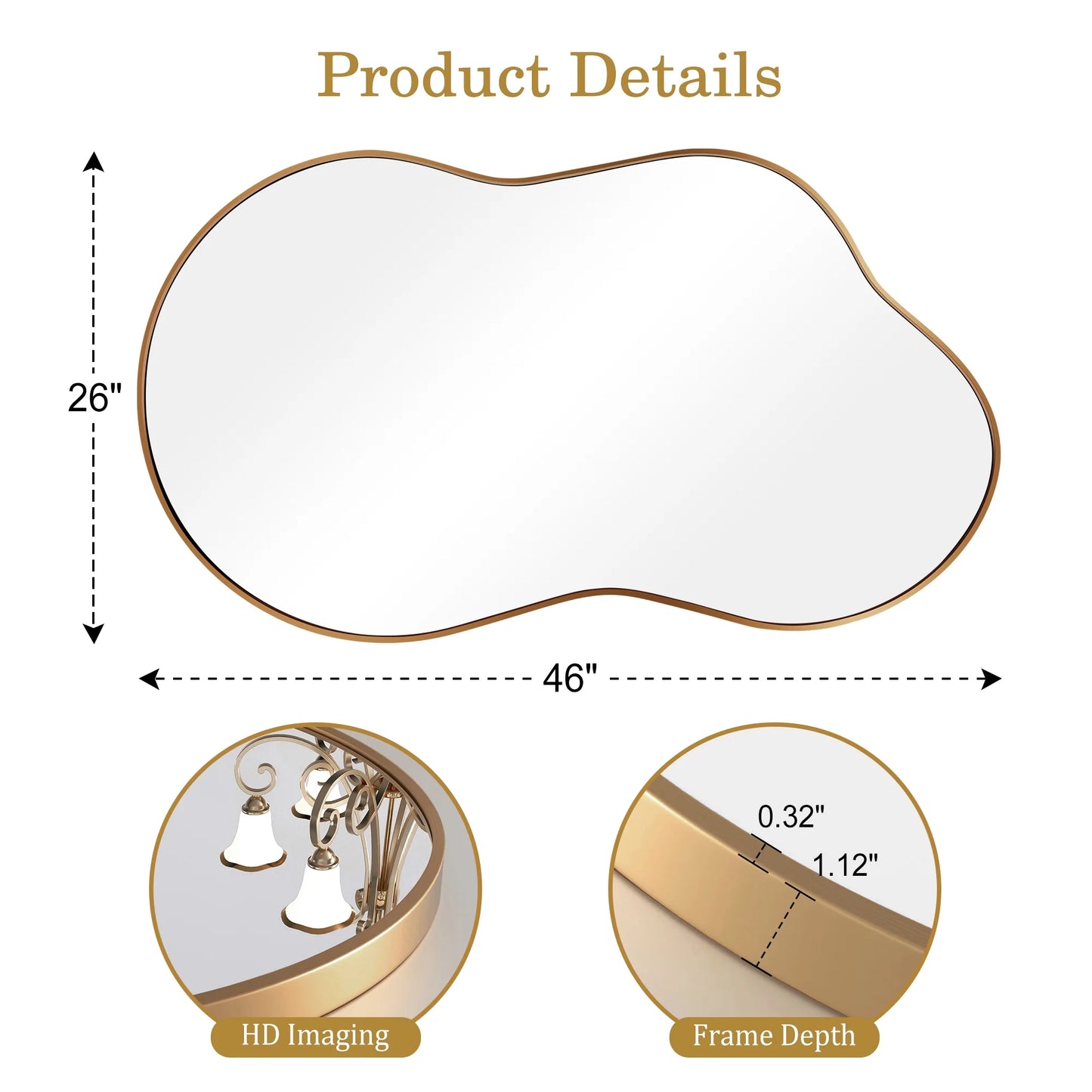 Irregular Wall Mirror 46"X26" Cloud Shaped Mirrors for Bathroom, Gold Aluminum Alloy Frame