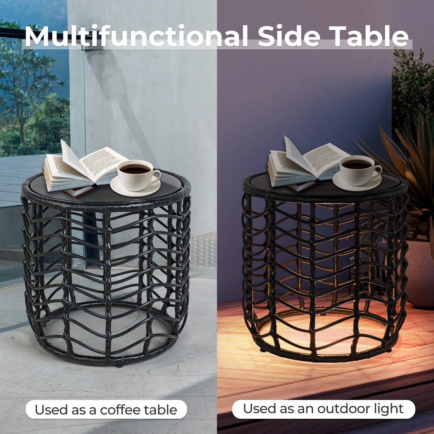 Outdoor Modern Boho Style Wave Wicker End Tables,Built-In Solar Lights, Black (Set of 2)