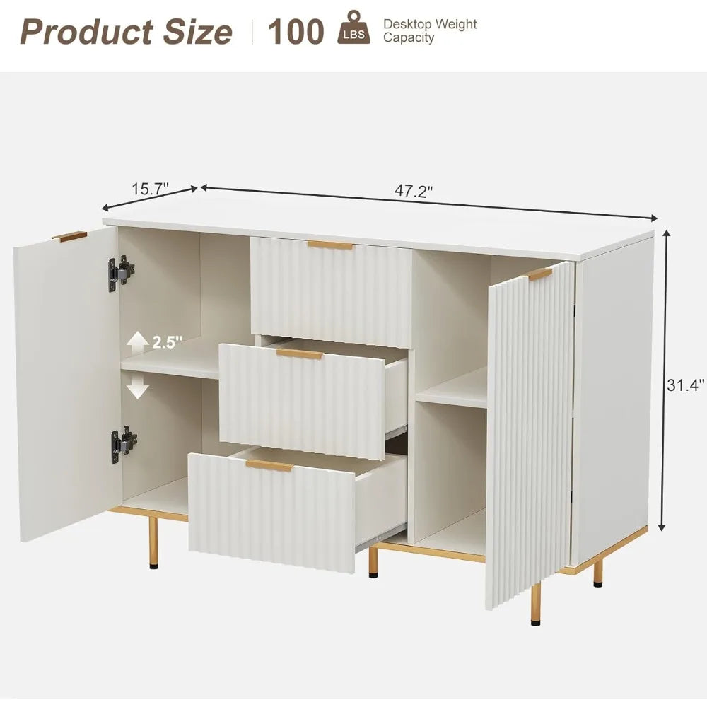 Modern Sideboard Cabinet with Fluted Doors, Gold Legs and Handle - Buffets & Sideboards for Elegant Living Spaces - 2-Door 3 Dra