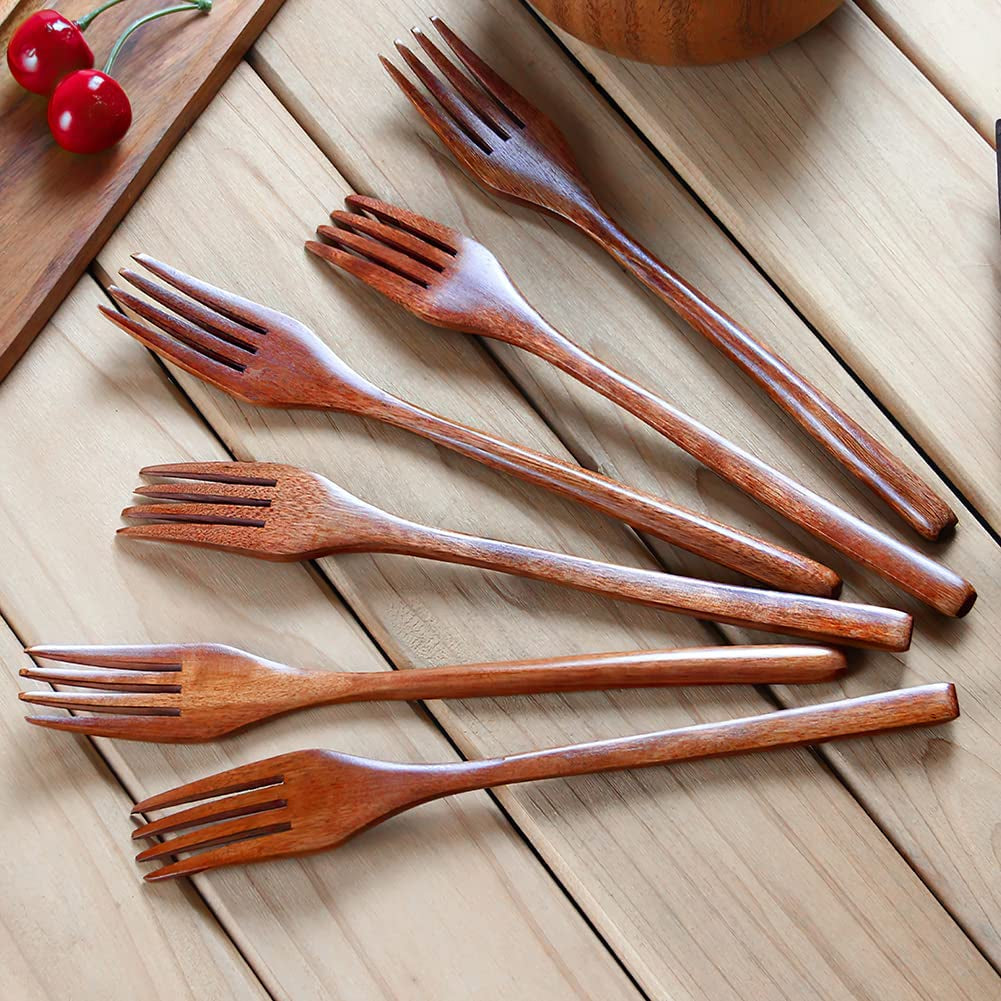 Forks,Wooden Forks, 6 Pieces Eco-Friendly Japanese Wood Salad Dinner Forks Wooden Forks Set Reusable Handmade Natural Wood Flatware Set for Cooking Stirring Eating