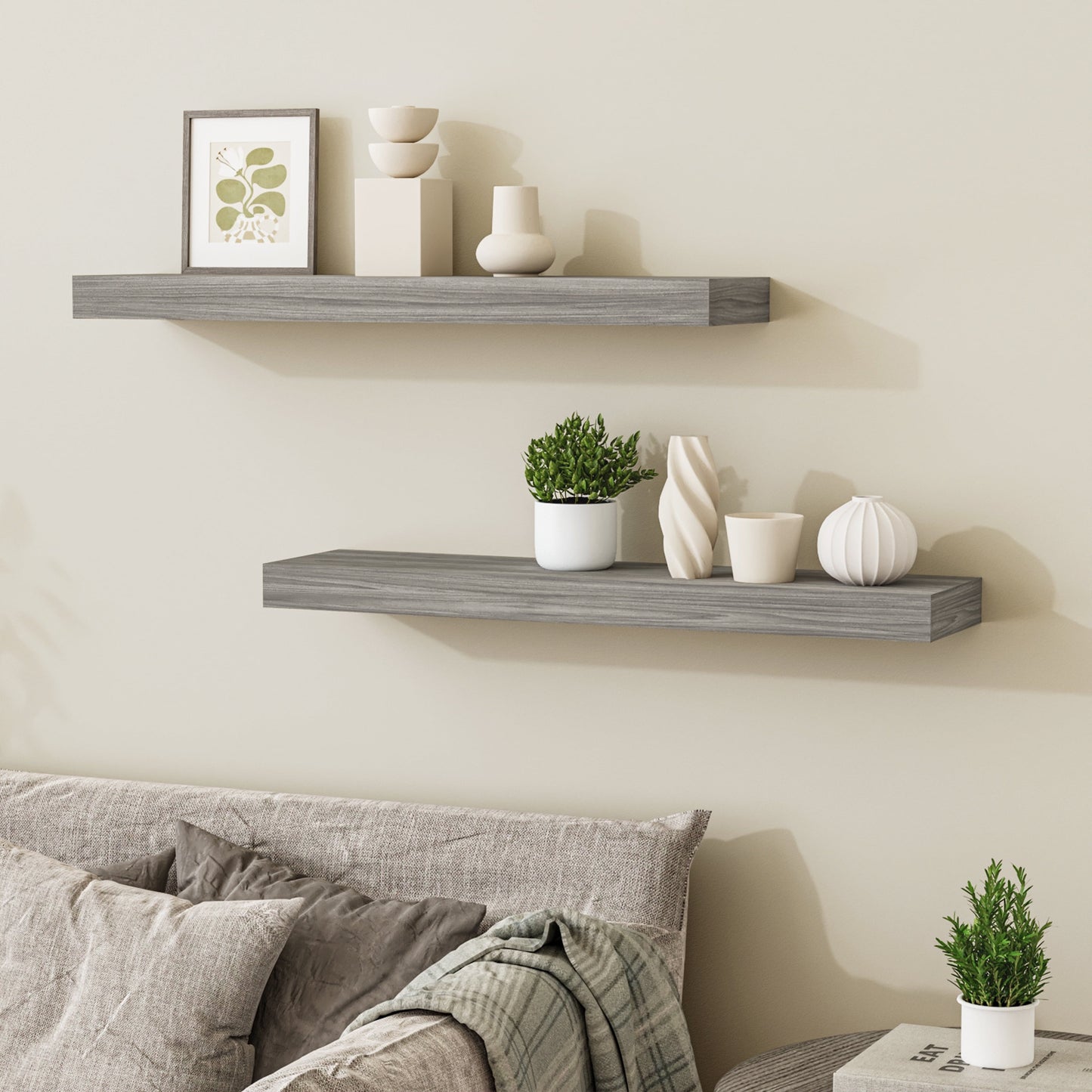 24X6 Walnut Gray Floating Shelves for Wall, Wood Hanging Shelves up to 20Lbs for Bedroom, Bathroom, Kitchen(Set of 2)