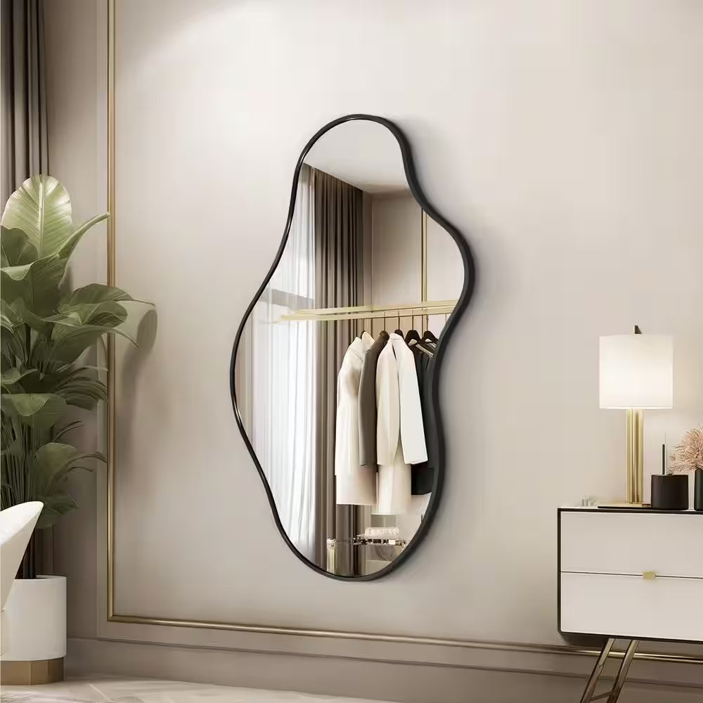 20 In. W X 36 In. H Irregular Black Aluminum Alloy Framed Asymmetrical Wall Mirror