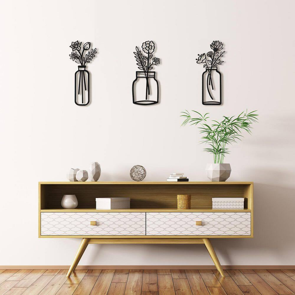 3 Pack 7.2 In. X17 In. Black Metal Work for Living Room Cafe Bookstore, Line Wall Art Decor, Wire Vase Wall Sculptures
