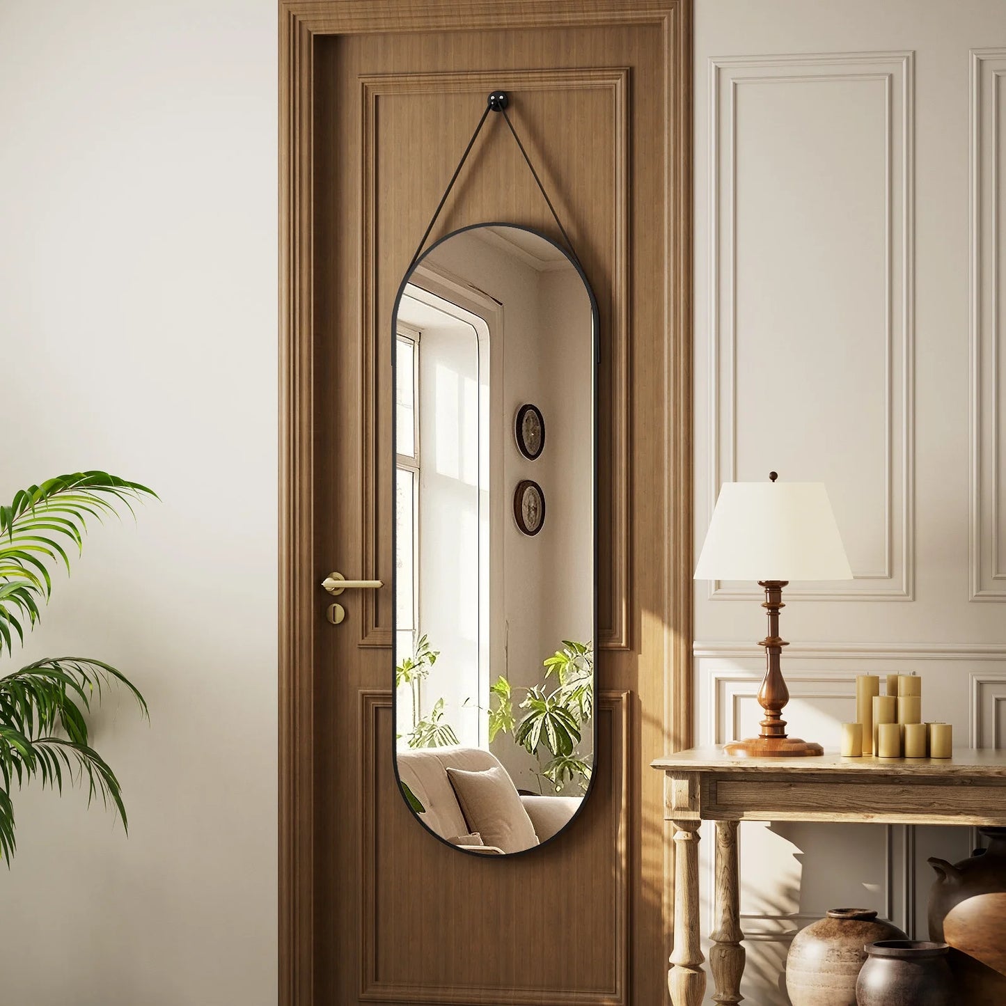48" X 16" Full Length Mirror Oval Hanging Wall Mirror with Leather Strap,Black