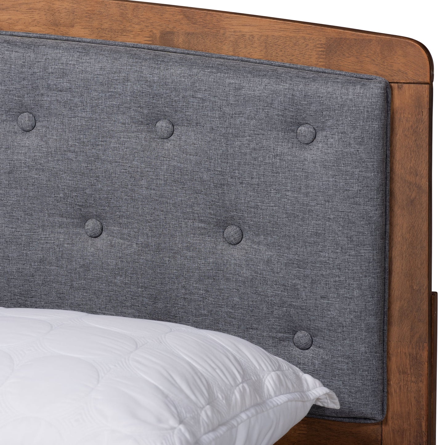 Ratana Mid-Century Modern Transitional Grey Fabric Upholstered and Walnut Brown Finished Wood, Full Size Platform Bed