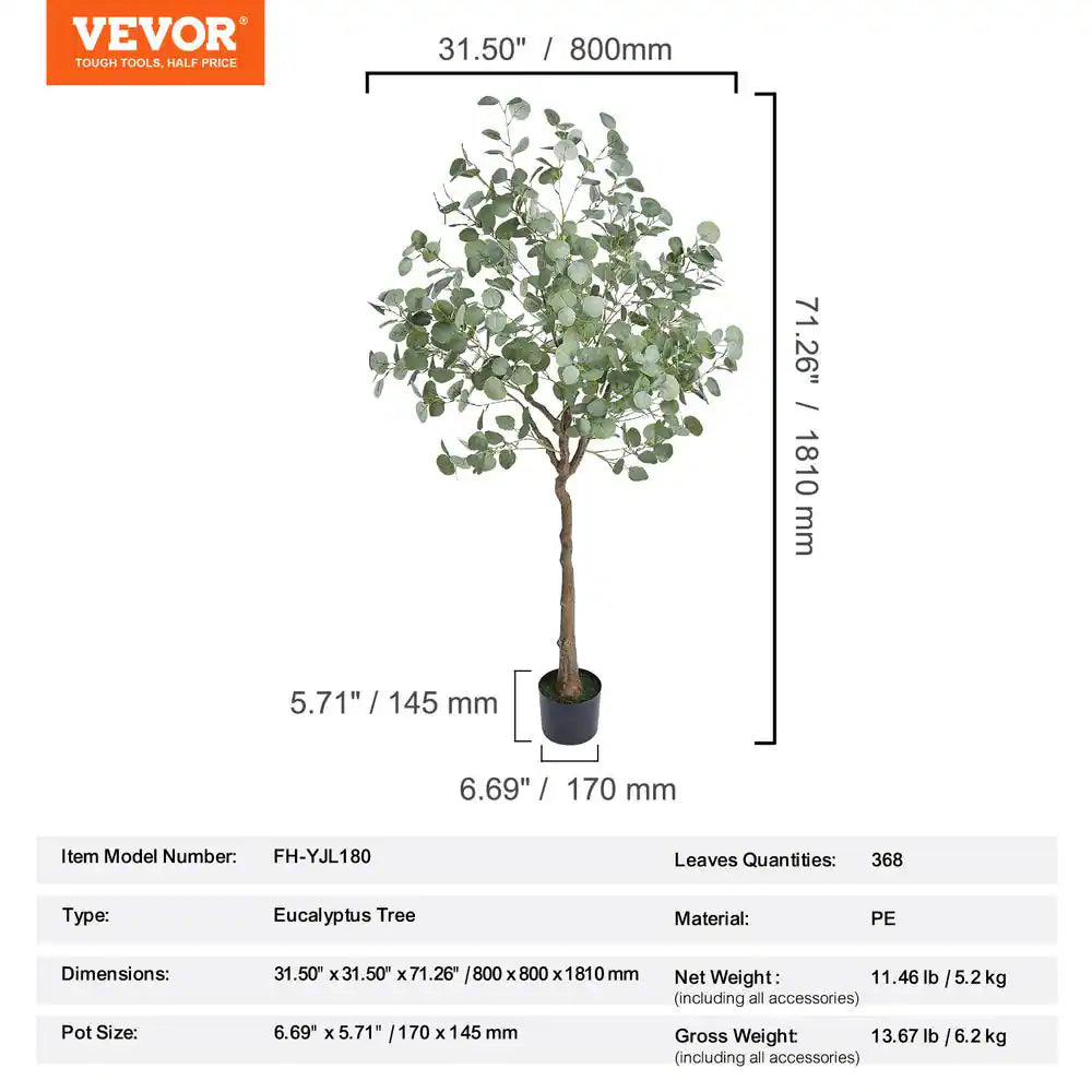 6 Ft. Artificial Eucalyptus Tree Tall Faux Plant Secure PE Material and Anti-Tip Tilt Protection Low-Maintenance Plant