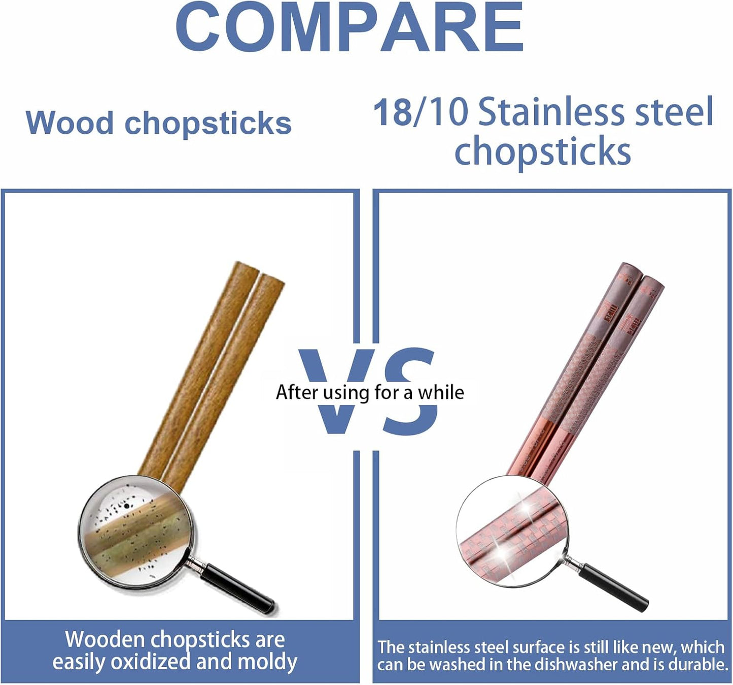 5 Pairs Reusable 18/10 Stainless Steel Metal Chopsticks Dishwasher Safe, Square Lightweight Non-Slip 9.25 Inches Chop Sticks for Ramen, Sushi, Bento Box, Gift Set, Rose Gold