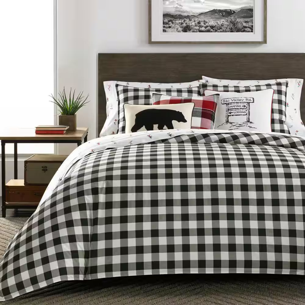Mountain Plaid 3-Piece Black Cotton Full/Queen Duvet Cover Set