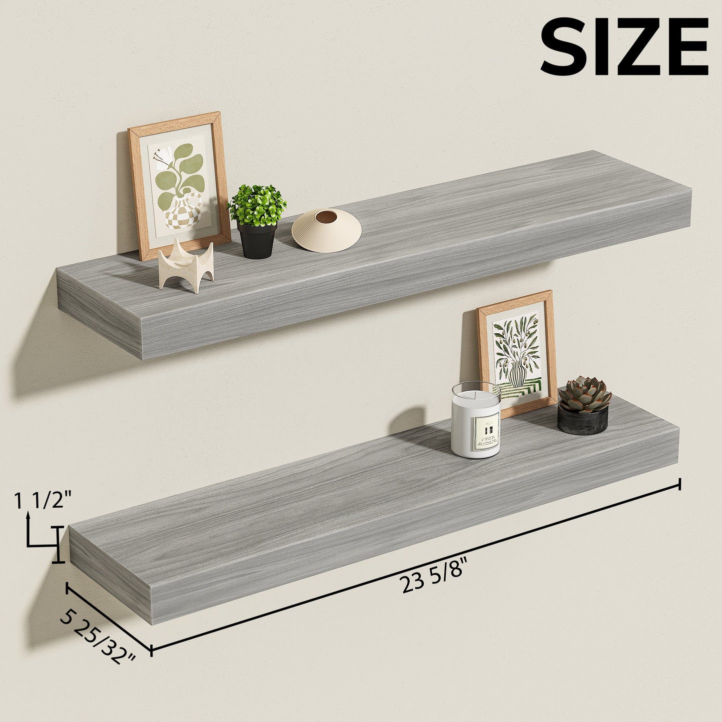 24X6 Walnut Gray Floating Shelves for Wall, Wood Hanging Shelves up to 20Lbs for Bedroom, Bathroom, Kitchen(Set of 2)