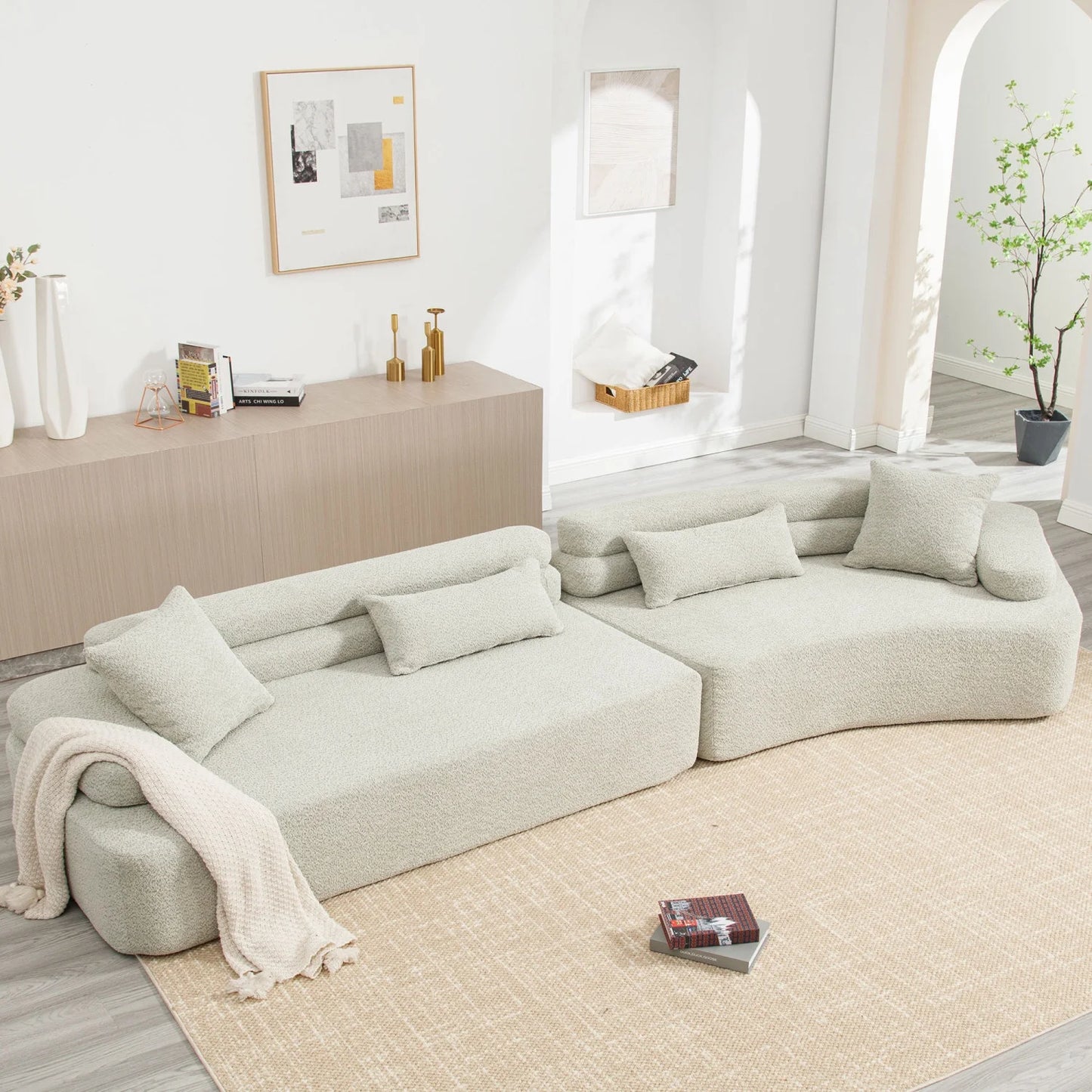 139" Modular Sectional Sofa Couch, Comfy Boucle Upholstered Deep Seat Cloud Couch with Convertible Chaise, Modern Minimalist Sleeper Sofa Set for Living Room, Office, Green