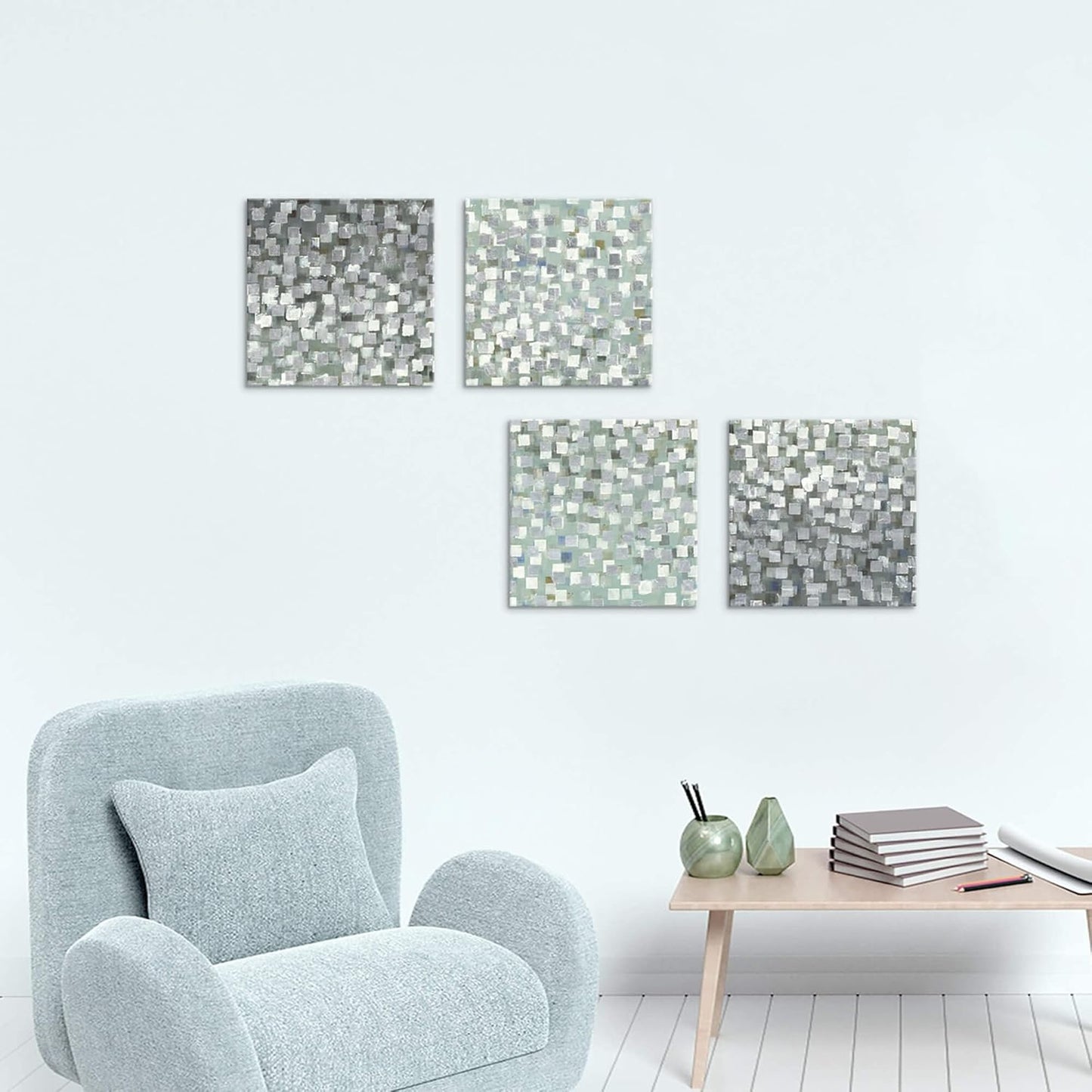 Abstract Canvas Wall Art Pictures: Bedroom Modern Silver Foil Print Artwork Decor Contemporary Glitter Squares Teal Green Gradient Textured Painting for Office (12” X 12” X 4 Panels)