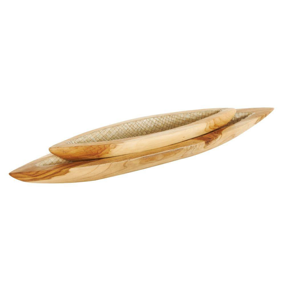 Brown Handmade Teak Wood Carved Boat Decorative Tray with Woven Palm Leaf Interior Set of 2