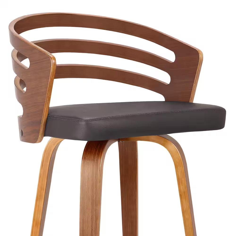 Jayden 26 In. Brown Faux Leather with Walnut Veneer Mid-Century Swivel Counter Height Bar Stool