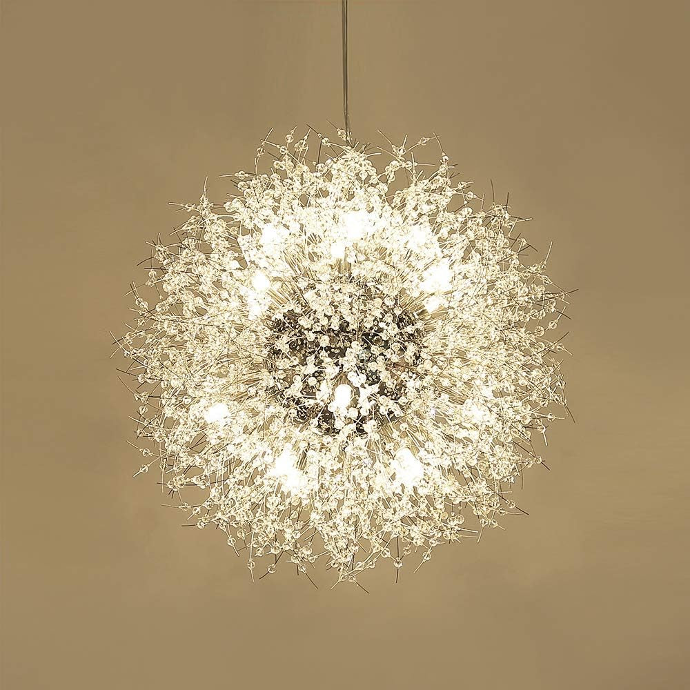 Modern Crystal Chandeliers, Chrome Firework Dandelion Sputnik Chandelier Light Fixture Pendant Lighting for Dining Room, Bedroom, Kitchen, Living Room(16-Light, Chrome)