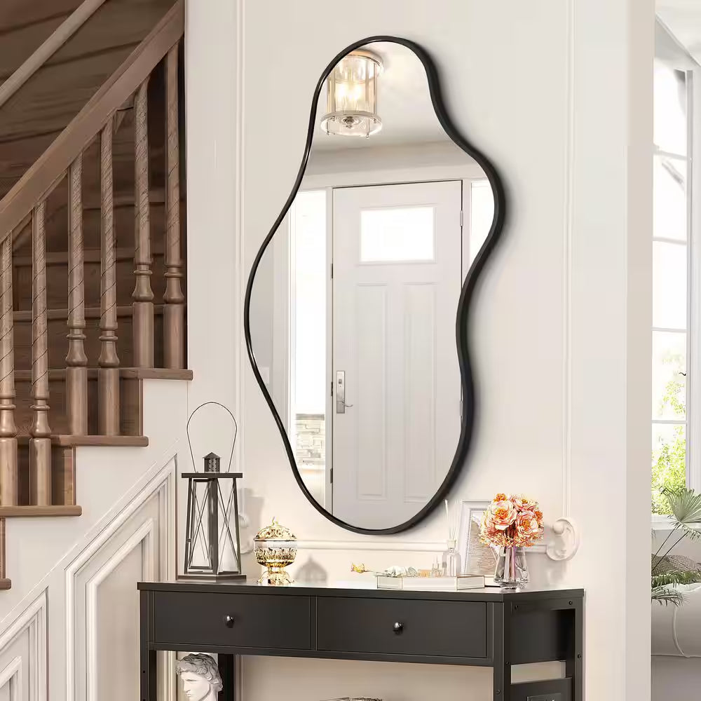 20 In. W X 36 In. H Irregular Black Aluminum Alloy Framed Asymmetrical Wall Mirror