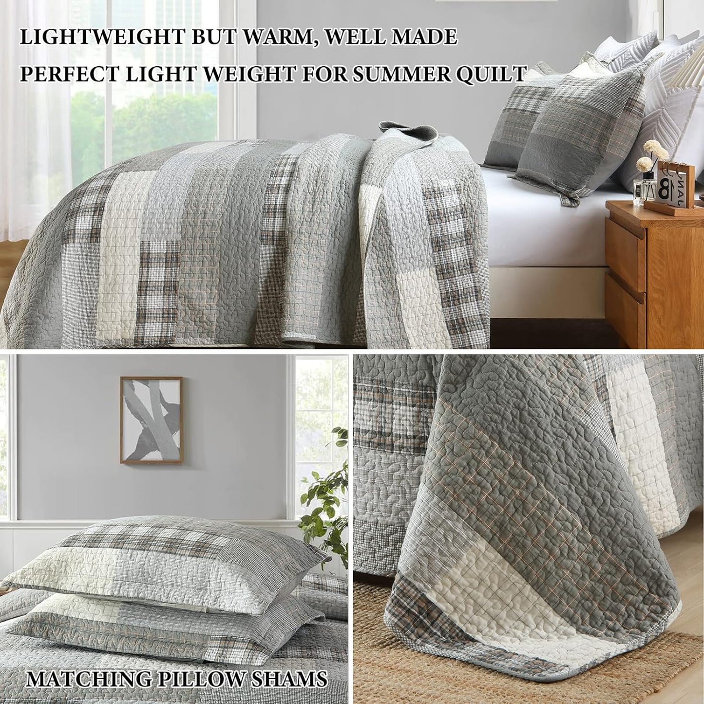 Quilt King Size - 100% Cotton Grey King Quilt Farmhouse Plaid Quilted Bedspread, 3 Pieces Lightweight Reversible King Size Quilt Bedding Set for All Season