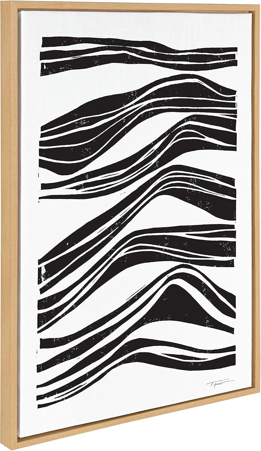 Sylvie Ocean Abstract Waves Framed Canvas Wall Art by Statement Goods, 23X33 Natural, Modern Minimalist Black Line Art Wall Décor