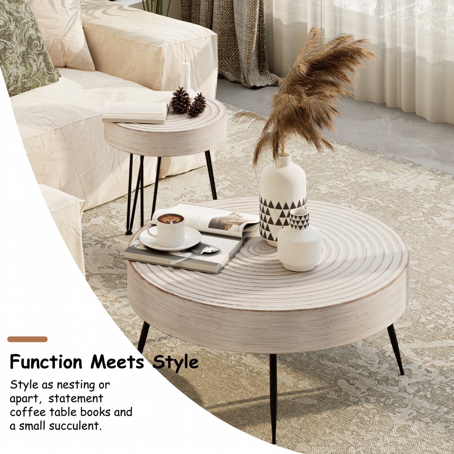 Rustic Handmade Ring Pattern MDF and Metal Coffee Table, White