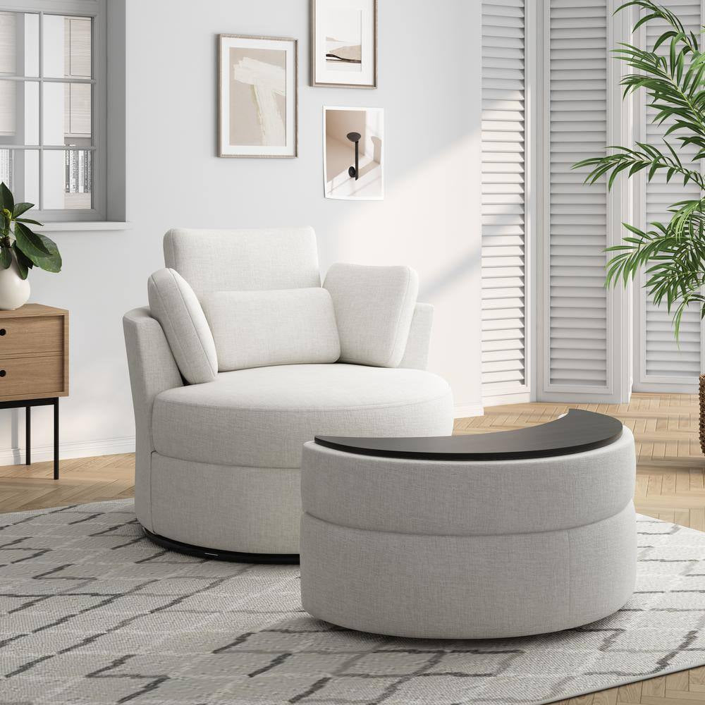 Beige Chenille Upholstered Swivel Accent Barrel Chair with Storage Ottoman and Pillows (Set of 1)