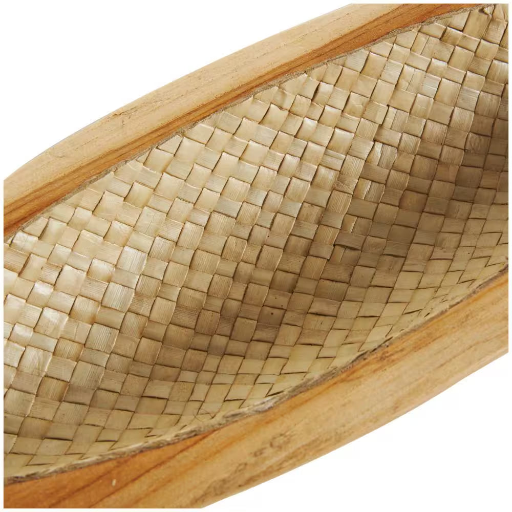 Brown Handmade Teak Wood Carved Boat Decorative Tray with Woven Palm Leaf Interior Set of 2