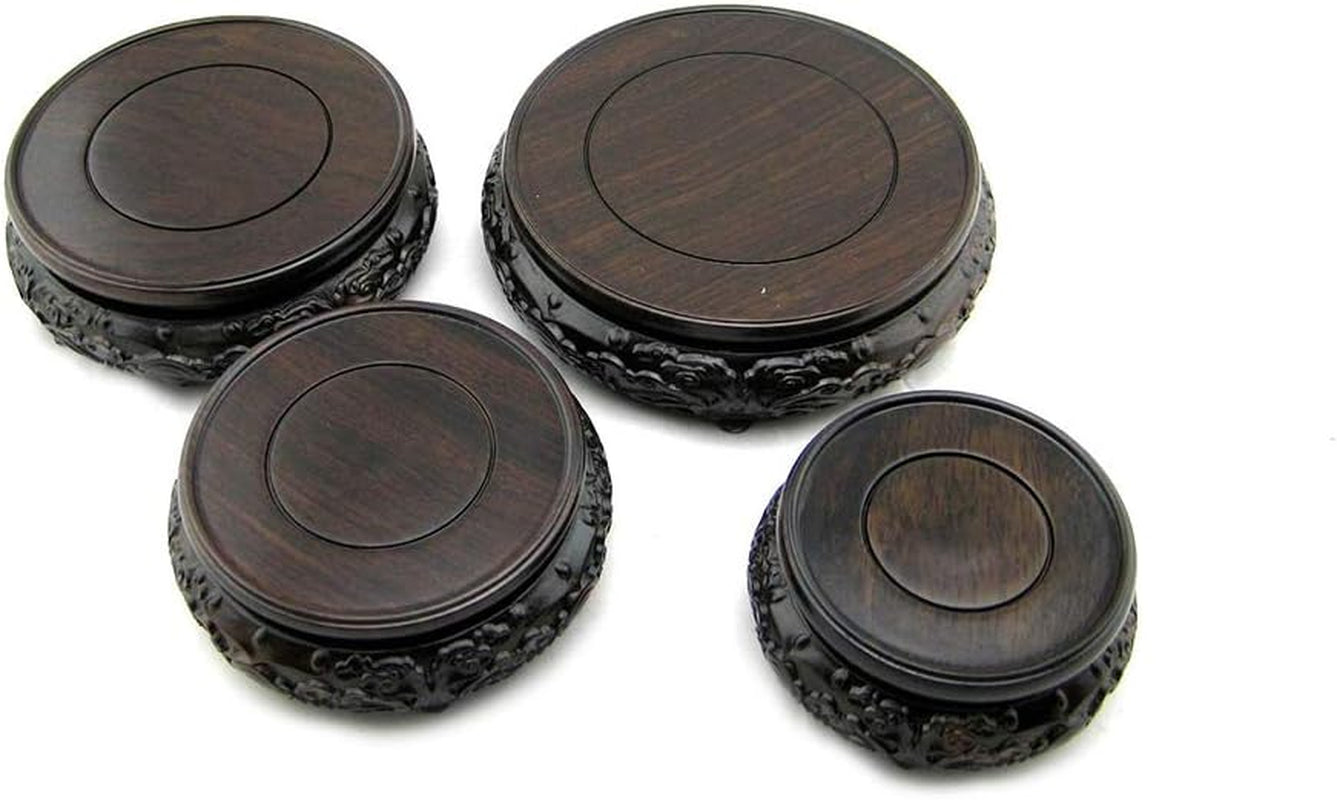 Oriental Luxury round Elm Solid Wood Vase Display Stands Pedestal Base, Bat Pattern 3.9 in Diameter