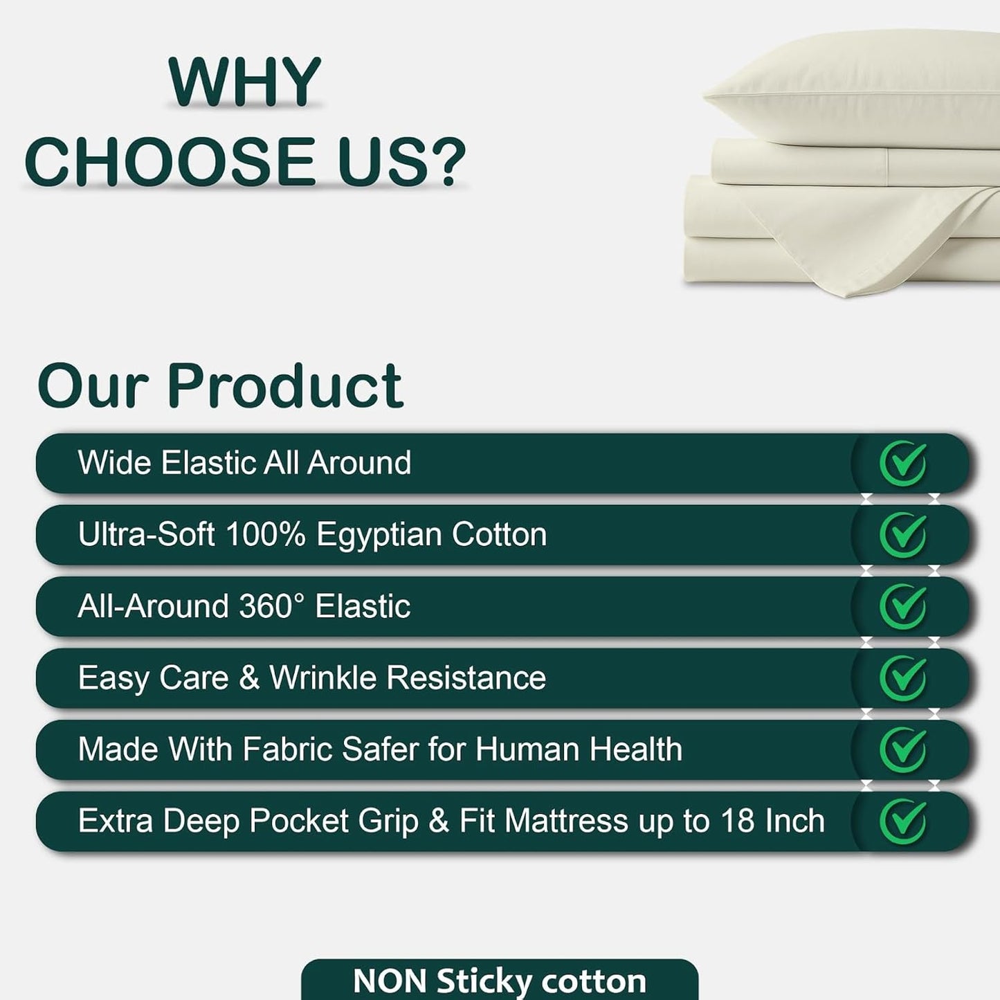 4 Piece Top Split King Sheet Set for Sleep Number Adjustable Bed, 100% Egyptian Cotton Bed Sheets, 34" Flex Head, Fits 18" Deep Mattress, 78" X 80", Ivory Solid