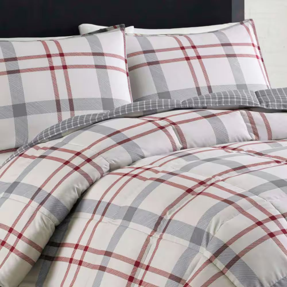 Portage Bay 3-Piece Beige Plaid Cotton Full/Queen Duvet Cover Set