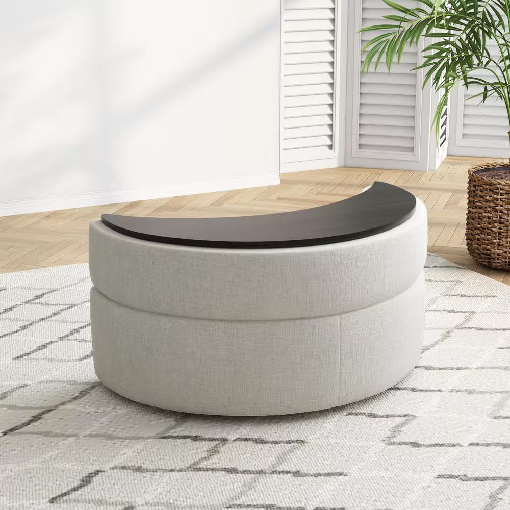 Modern Beige Chenille Half Crescent Moon Storage Ottoman (Set of 1)