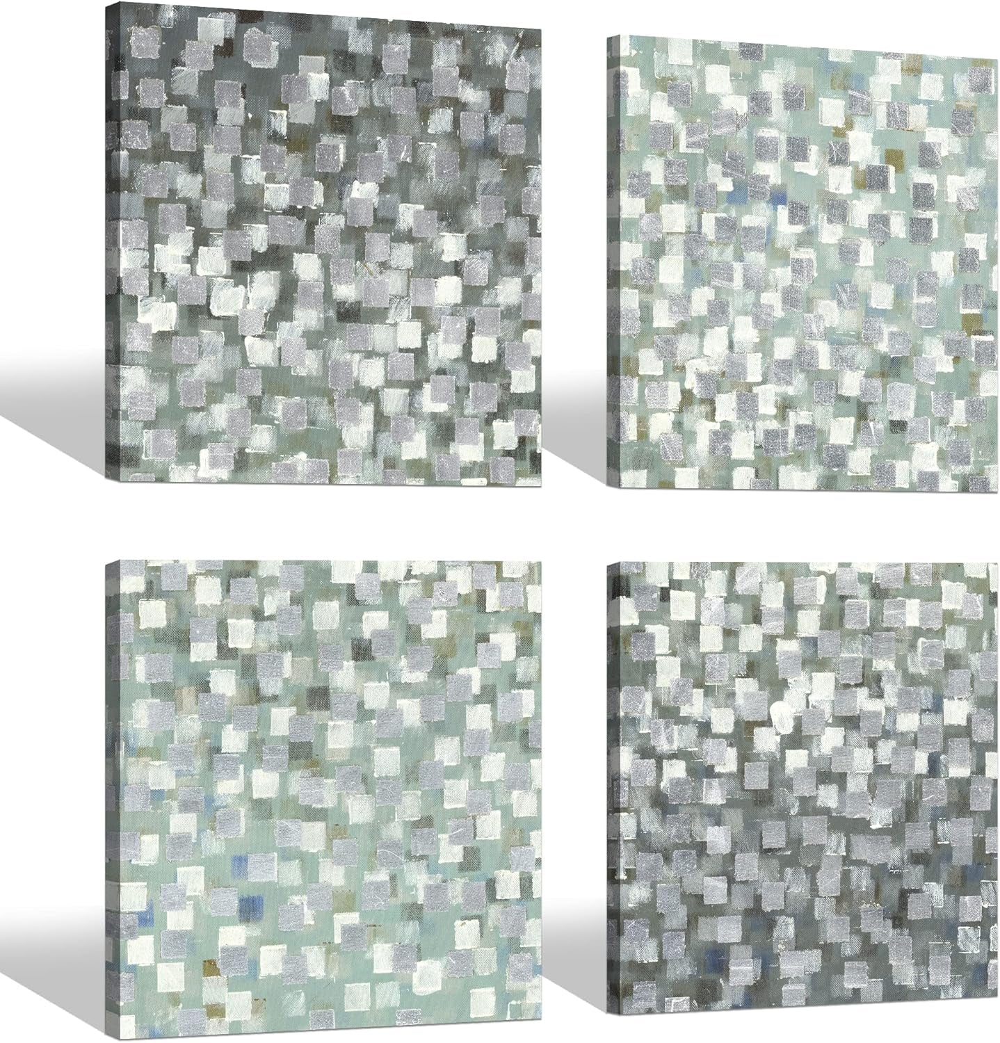 Abstract Canvas Wall Art Pictures: Bedroom Modern Silver Foil Print Artwork Decor Contemporary Glitter Squares Teal Green Gradient Textured Painting for Office (12” X 12” X 4 Panels)
