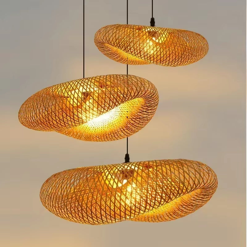 Bamboo Hand Weaving Pendant Lights 36Cm Hanging LED Ceiling Lamp Chandelier Fixture Rattan Hand Craft Woven Home Bedroom Decor