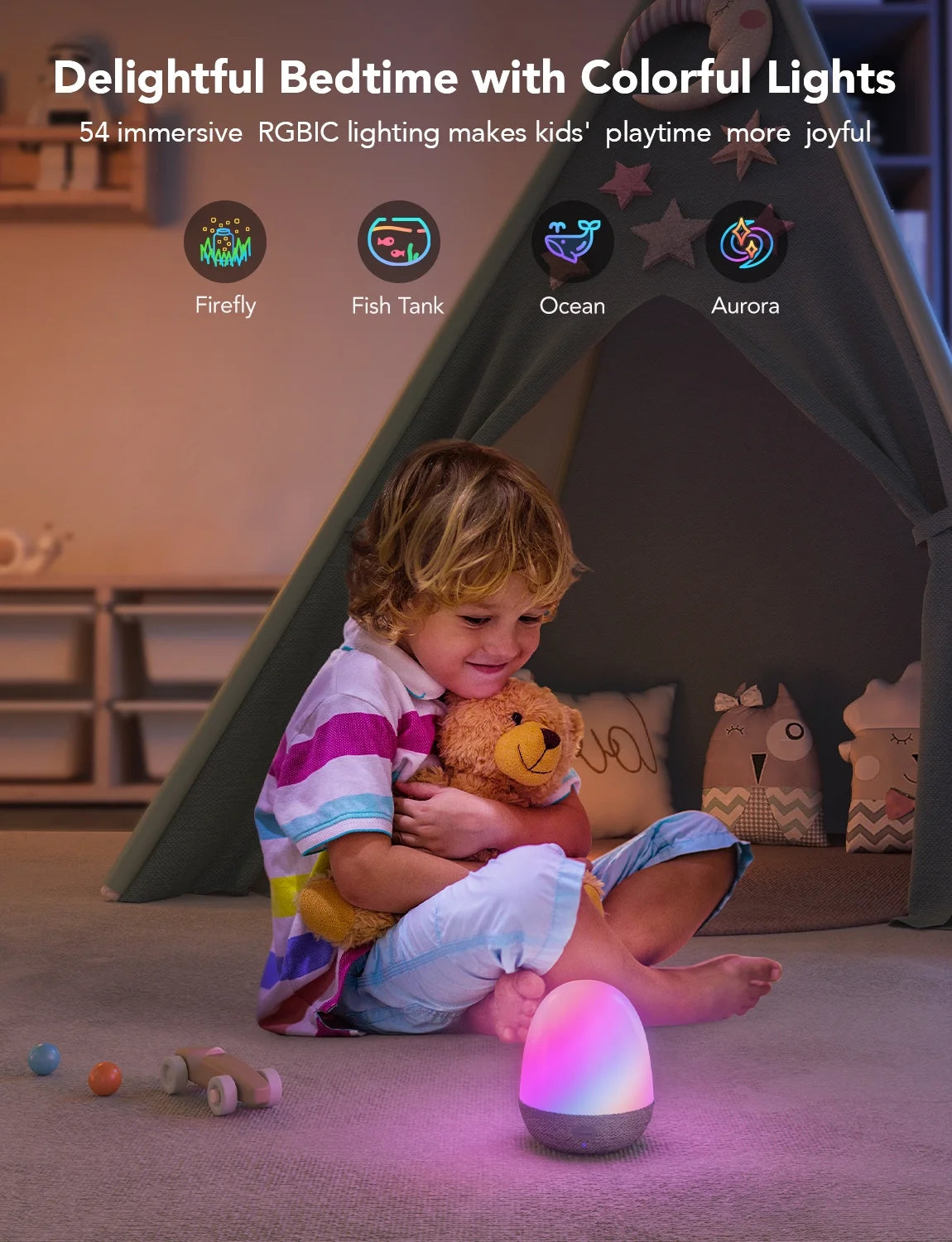 RGBIC Smart Night Light, Color-Changing LED, Wifi + Bluetooth Control, Adjustable Brightness, Bedside Lamp, Voice & App Control
