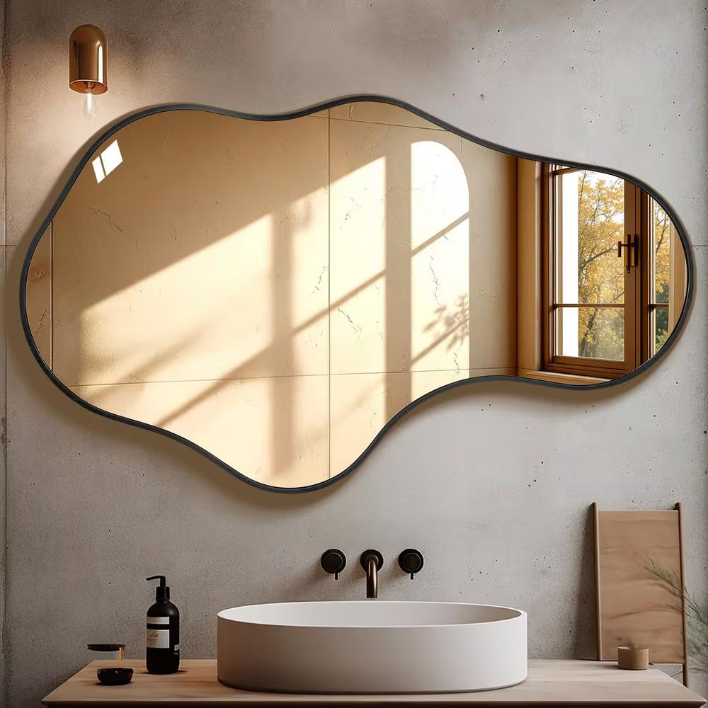 22 In. W X 36 In. H Irregular Black Aluminum Alloy Framed Asymmetrical Wall Mirror