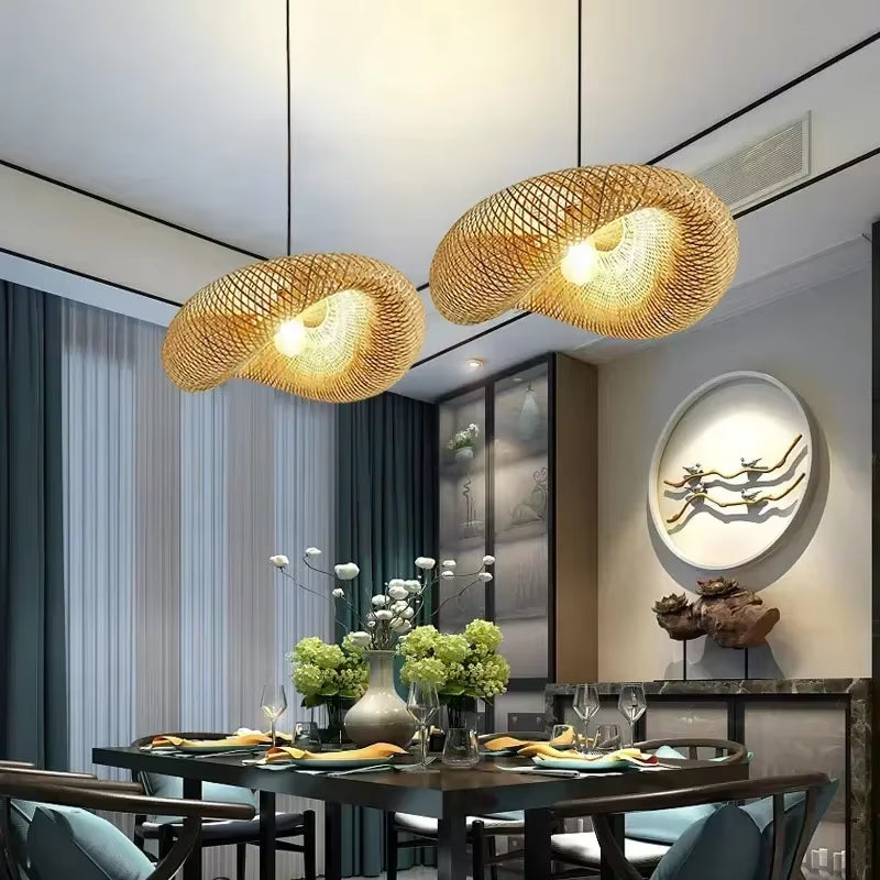 Bamboo Hand Weaving Pendant Lights 36Cm Hanging LED Ceiling Lamp Chandelier Fixture Rattan Hand Craft Woven Home Bedroom Decor