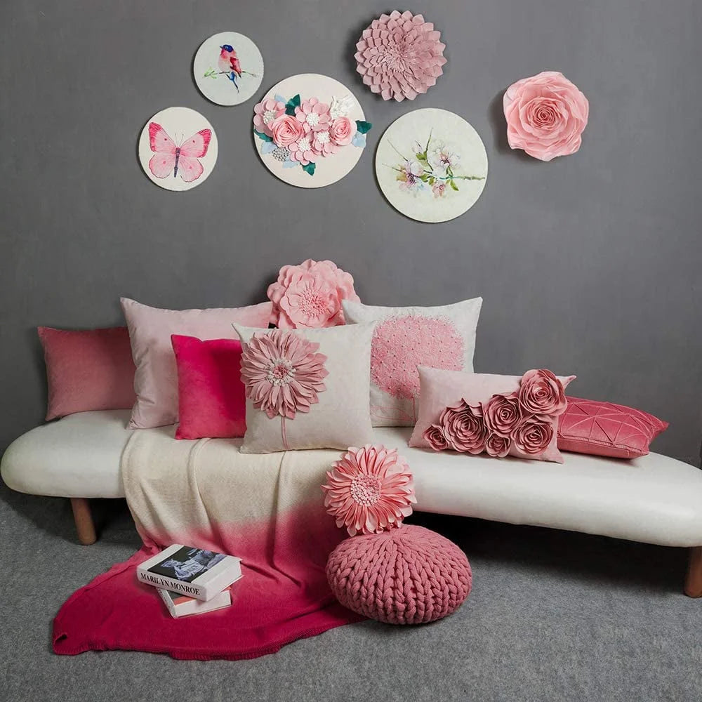 3D Decorative Solid Cotton Suede Pink Flower Throw Pillow Covers Accent Pillow Case 18X18Inch