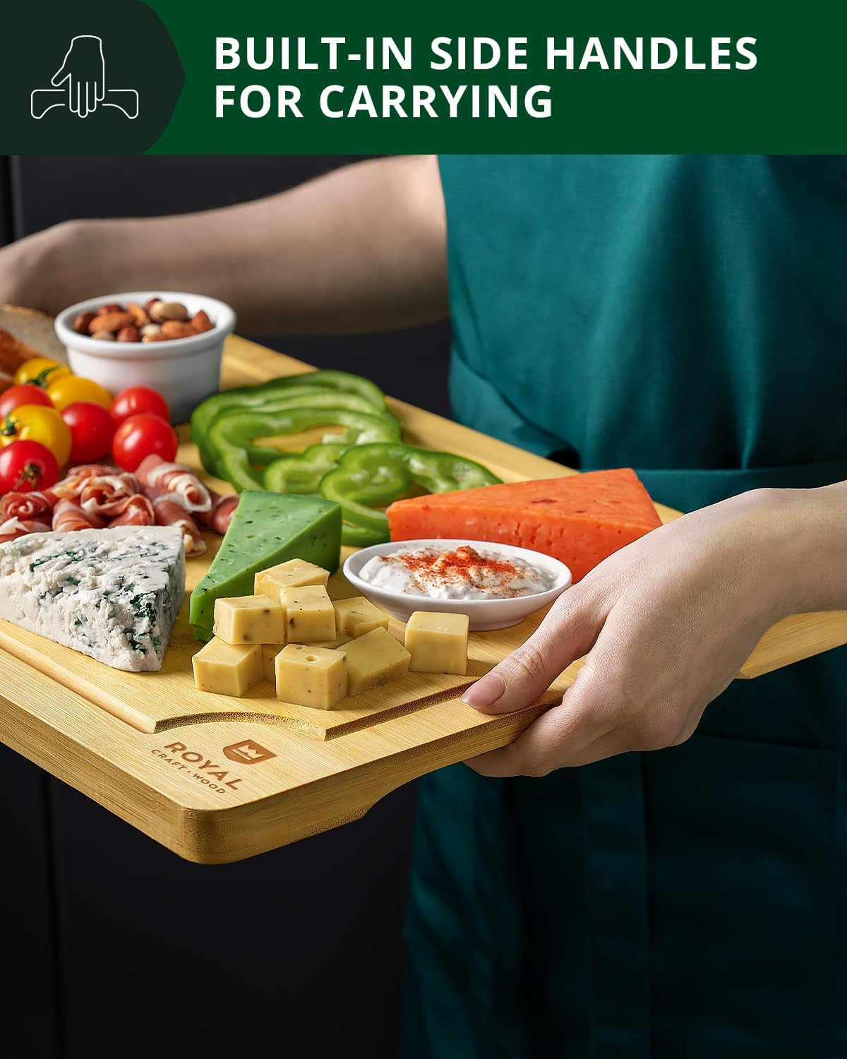Wooden Cutting Boards for Kitchen Meal Prep & Serving - Bamboo Wood Serving Board Set with Deep Juice Groove Side Handles - Charcuterie & Chopping Butcher Block for Meat