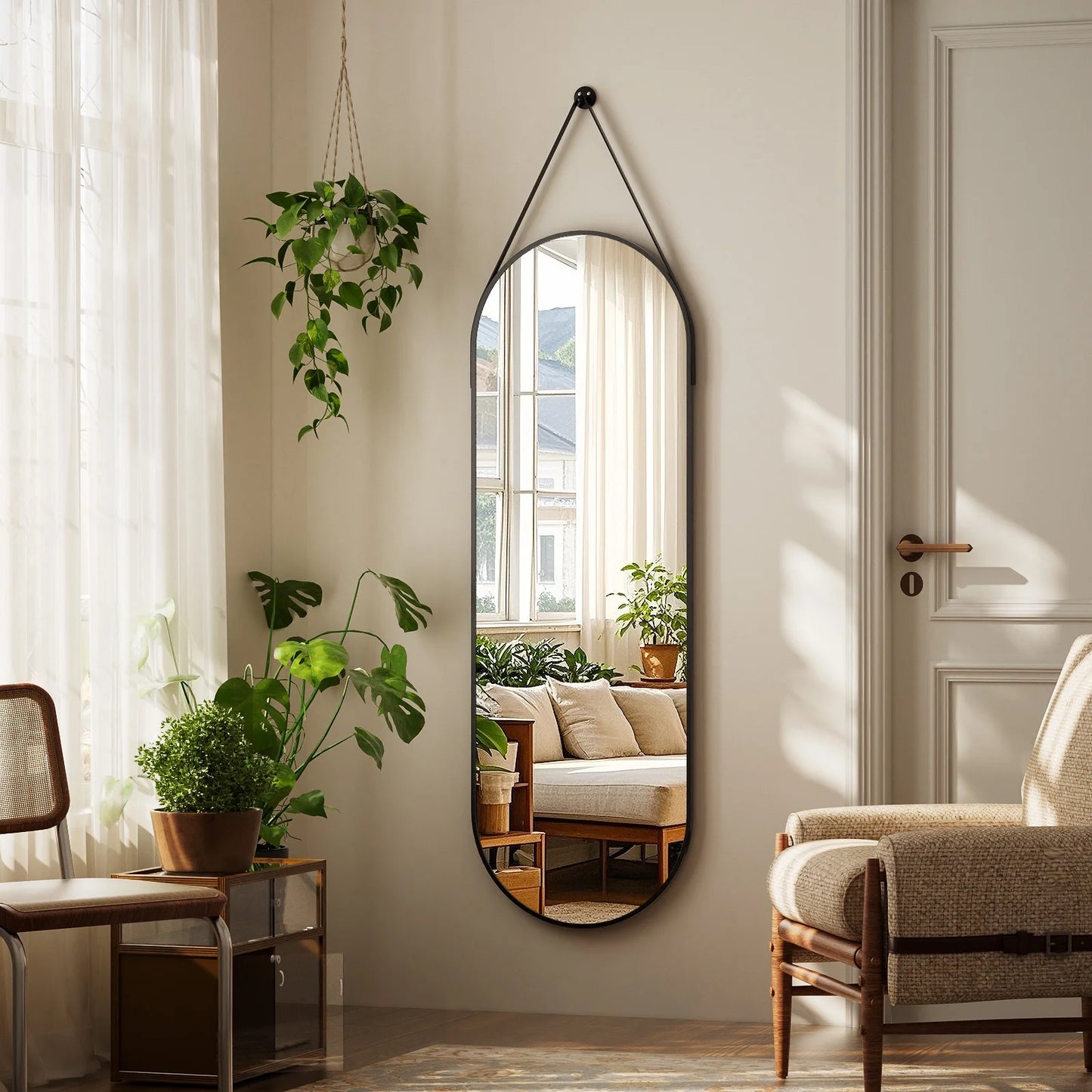 48" X 16" Full Length Mirror Oval Hanging Wall Mirror with Leather Strap,Black