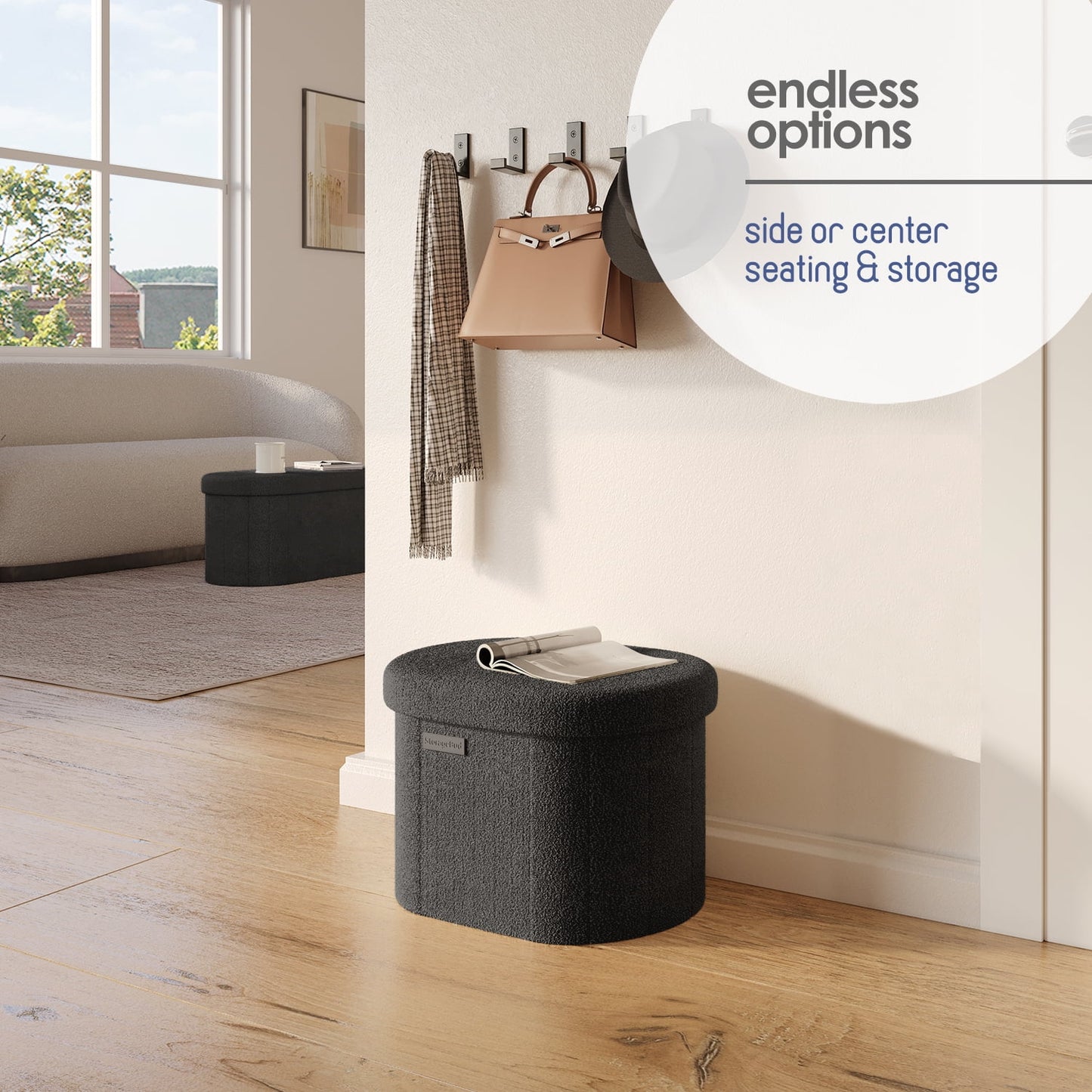 Oval Storage Ottoman Bench, Boucle 16" Ottoman with Storage , Black