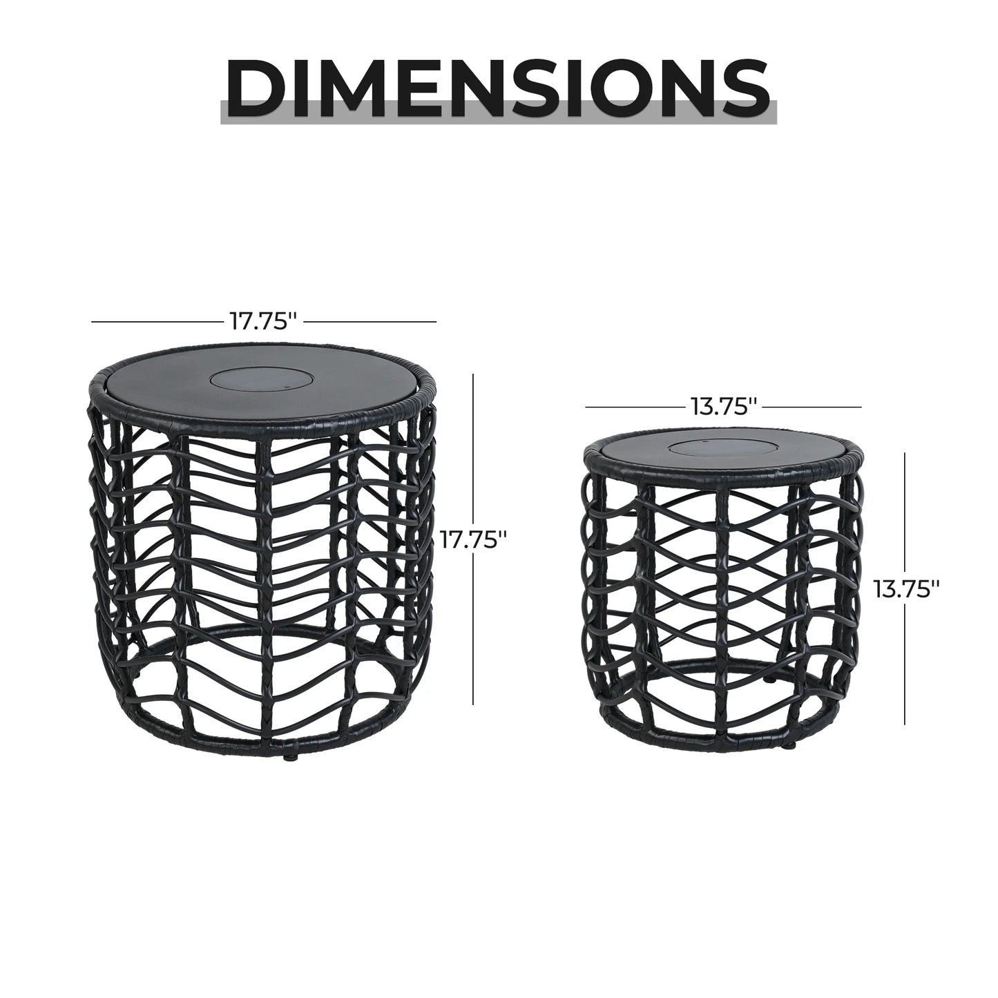Outdoor Modern Boho Style Wave Wicker End Tables,Built-In Solar Lights, Black (Set of 2)