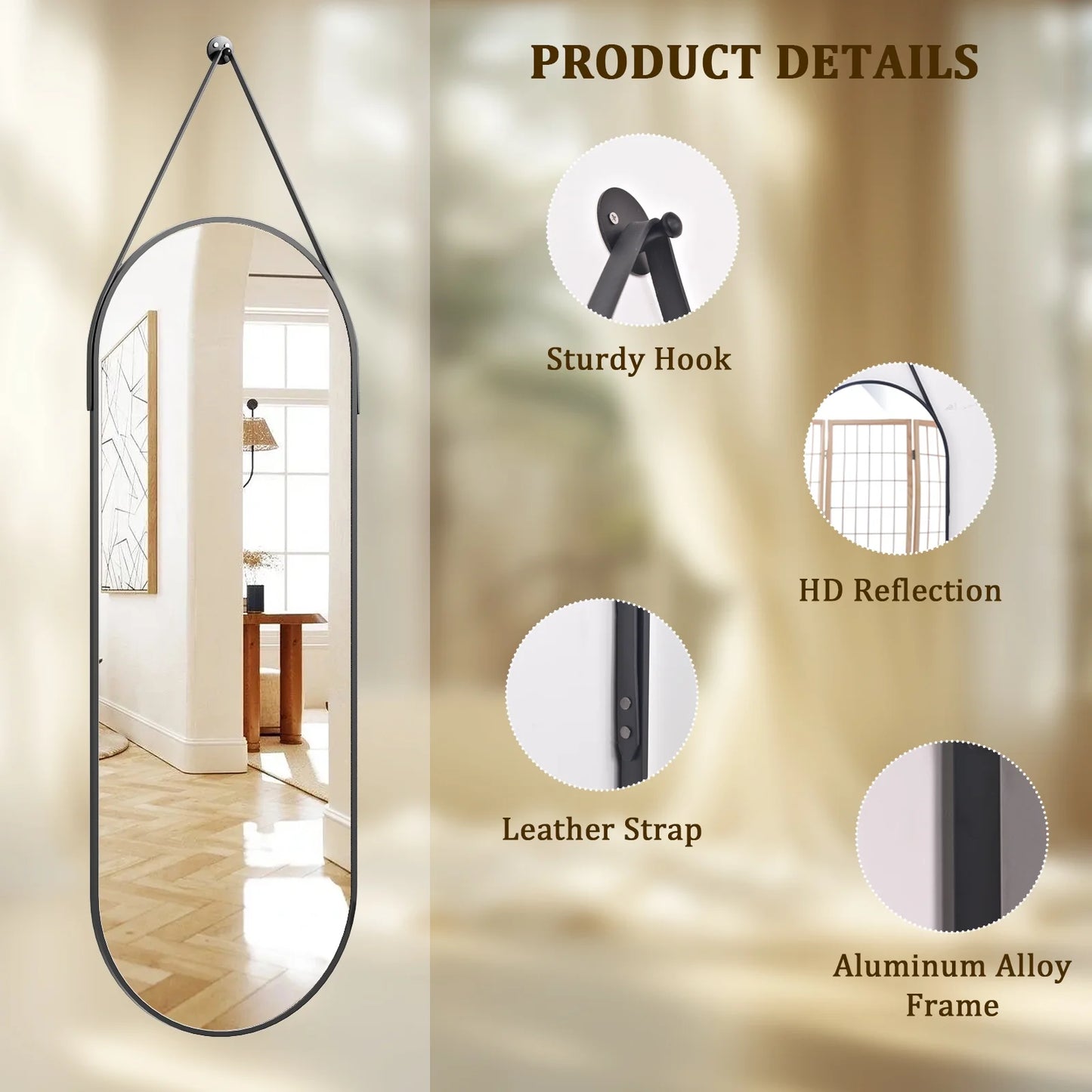 48" X 16" Full Length Mirror Oval Hanging Wall Mirror with Leather Strap,Black