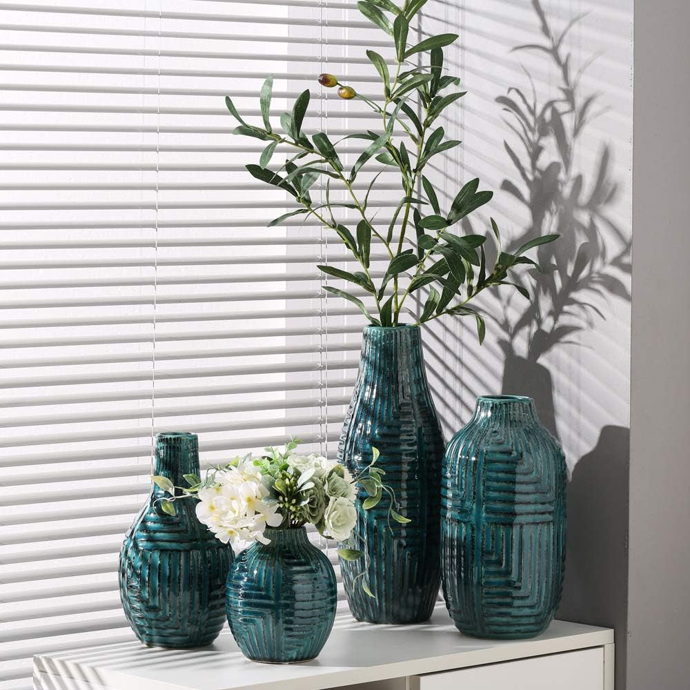Ceramic Vase- Teal Vase for Home Decor,Flower Vase for Centerpieces, Modern Decor Vases for Living Room/Bookshelf/Mantel/Home Decor Accents - Teal Texture-Large-10.6" H