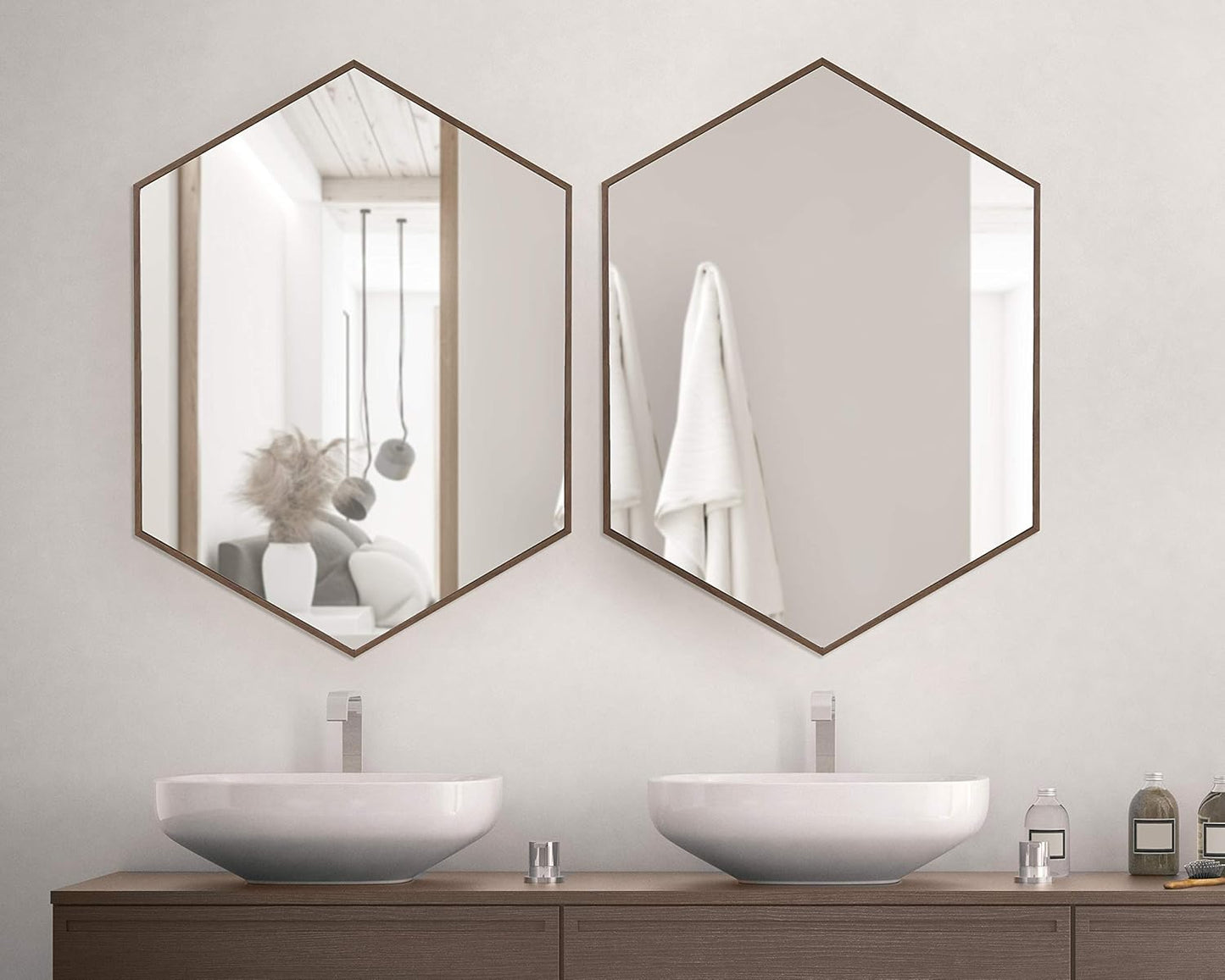 Rhodes Mid-Century Modern Hexagon Wall Mirror, Walnut Brown, 31X22-Inches
