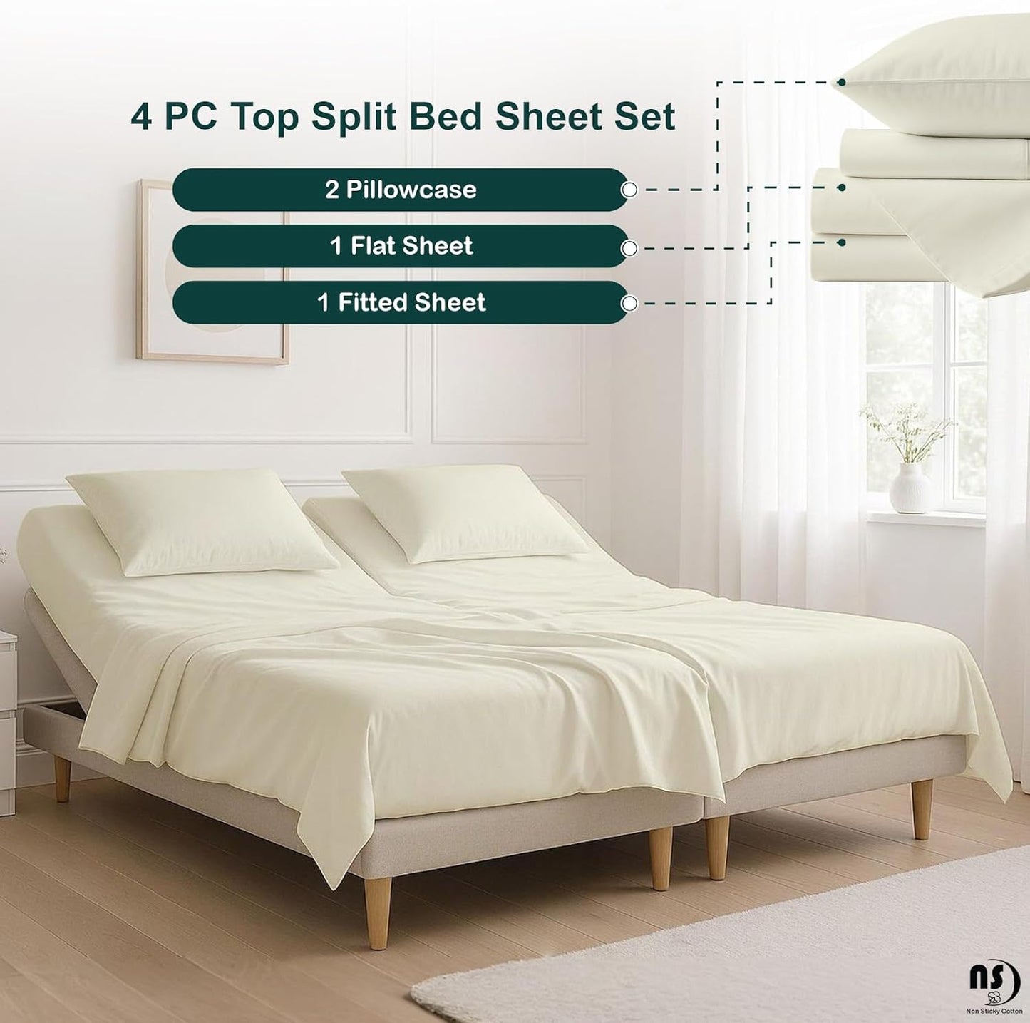 4 Piece Top Split King Sheet Set for Sleep Number Adjustable Bed, 100% Egyptian Cotton Bed Sheets, 34" Flex Head, Fits 18" Deep Mattress, 78" X 80", Ivory Solid