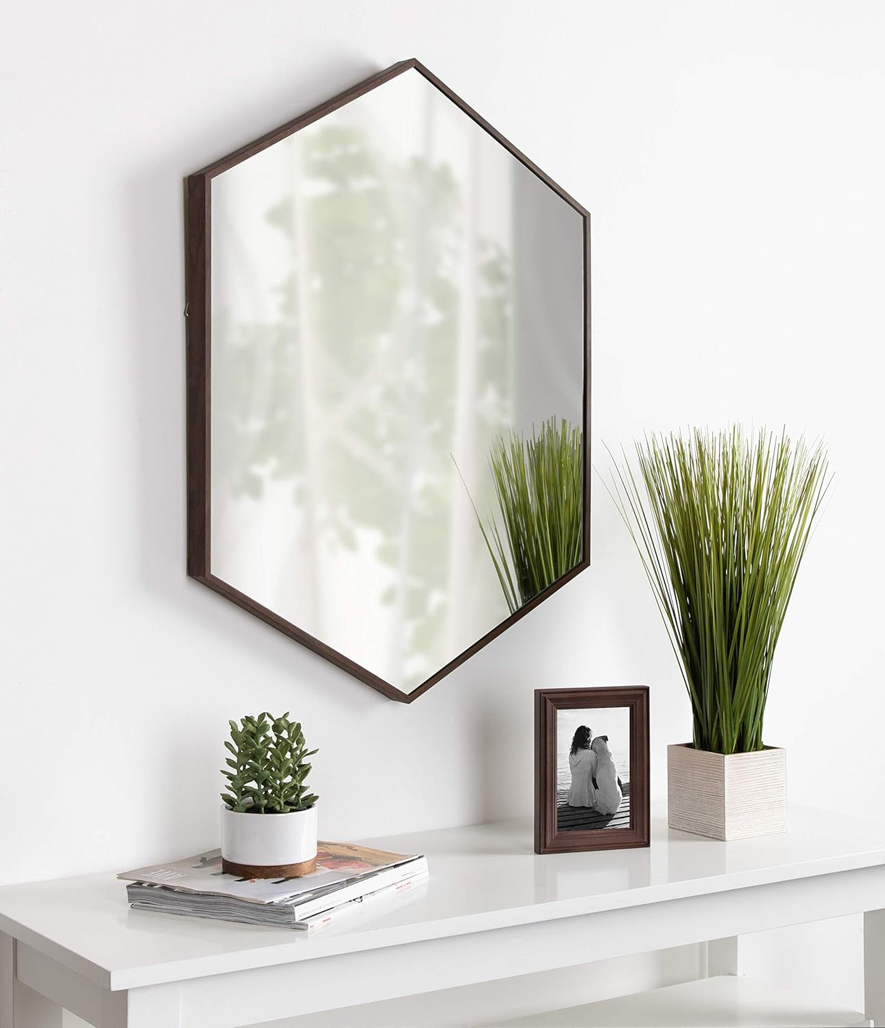 Rhodes Mid-Century Modern Hexagon Wall Mirror, Walnut Brown, 31X22-Inches